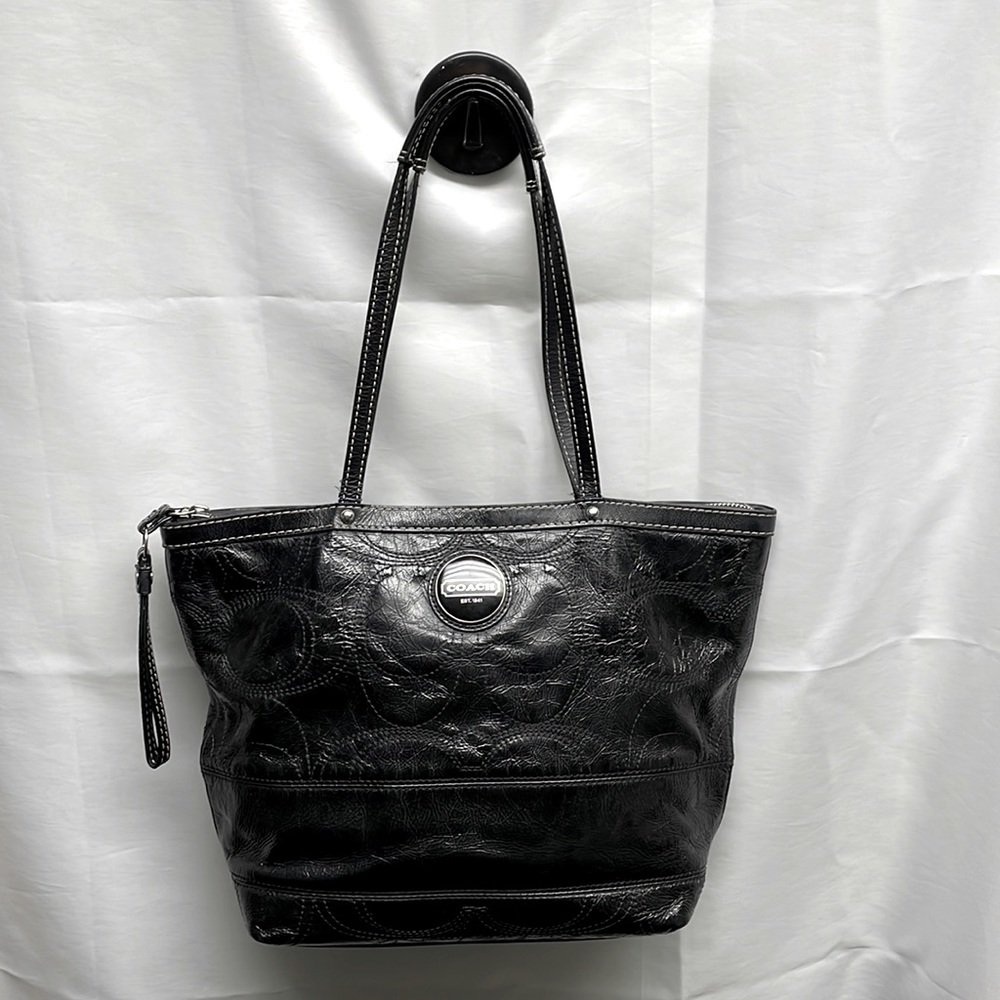 Coach No. J1020-F15142 Black patent Signature Stripe small tote.